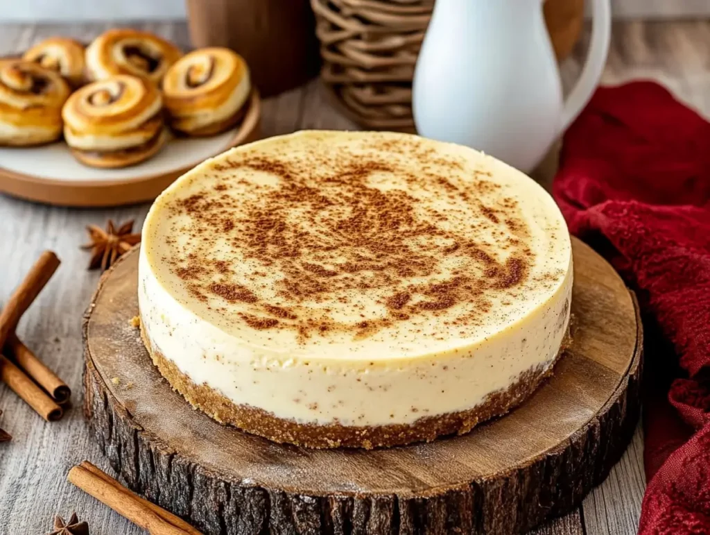 A cinnamon roll cheesecake with a dusting of cinnamon on top, placed on a wooden board, with cinnamon rolls in the background.