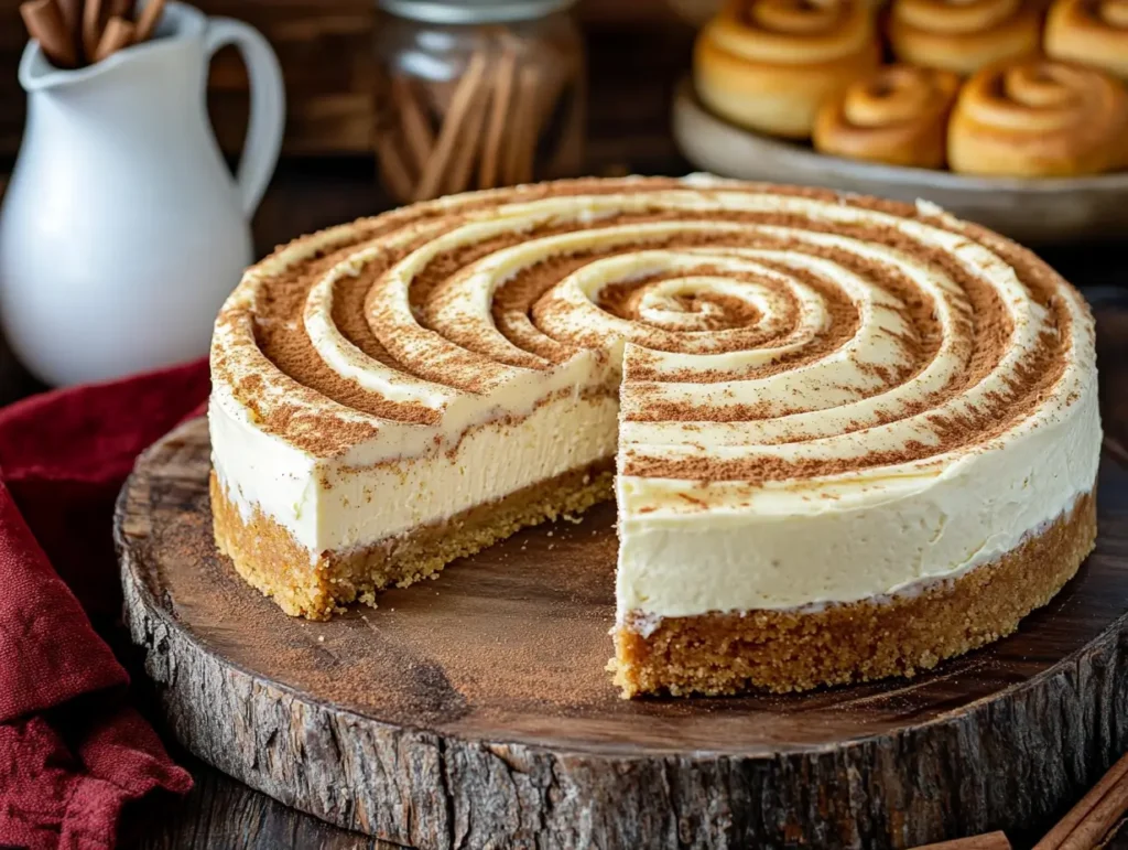 A cinnamon roll cheesecake with a slice removed, showing its creamy filling and cinnamon swirl topping.