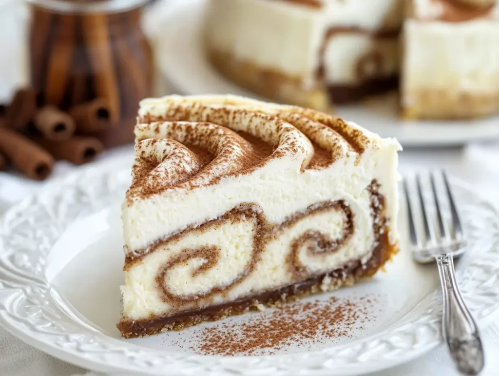 A slice on a plate, showing the creamy layers and swirl inside.