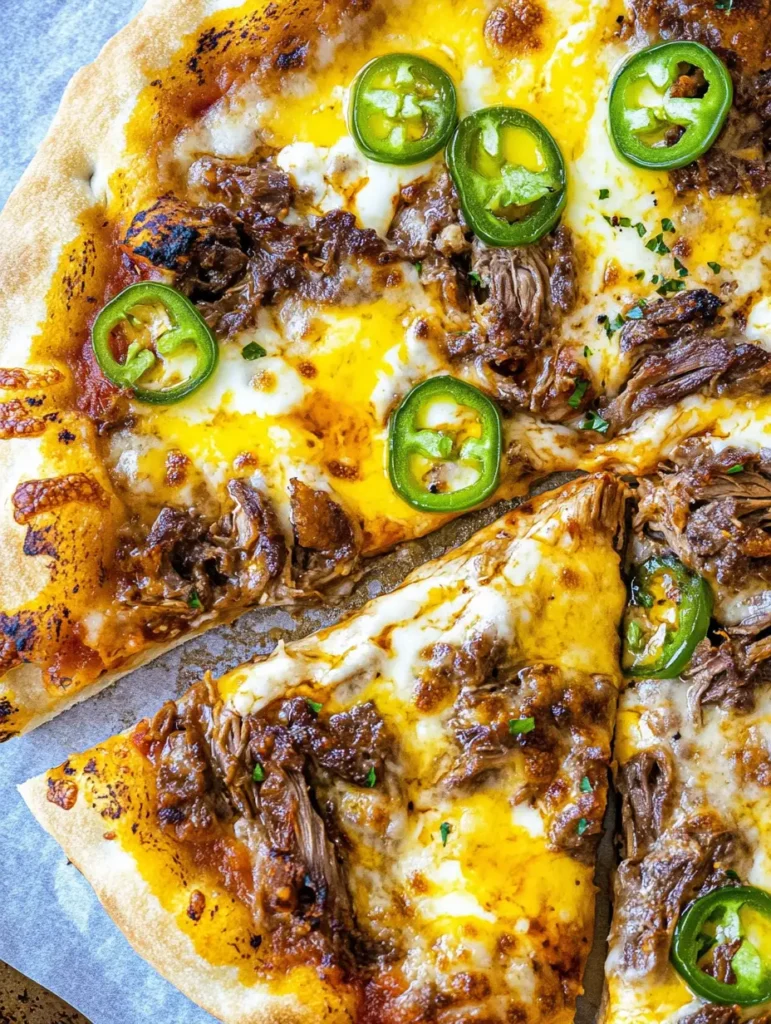 A close-up of a birria pizza topped with shredded beef, melted cheese, and fresh jalapeño slices.