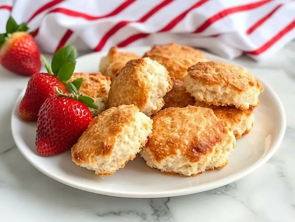 Fluffy Bisquick shortcakes served with fresh strawberries on a plate