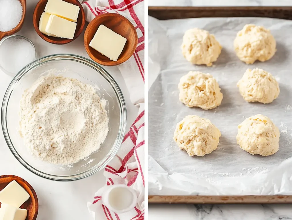 "Ingredients for Bisquick shortcakes and dough balls ready for baking