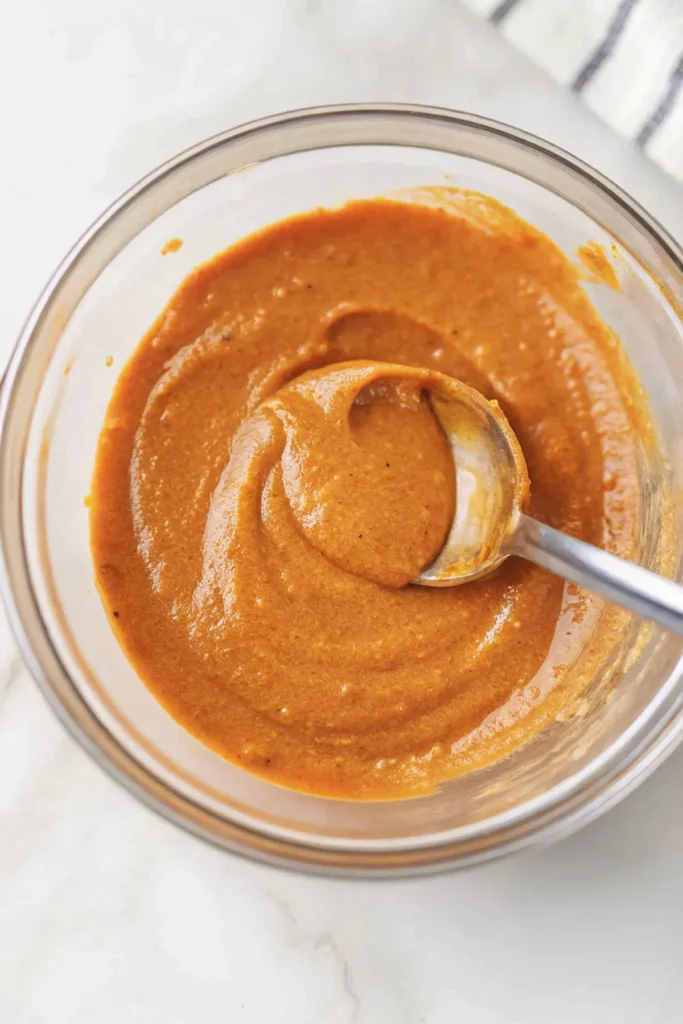 Close-up of a creamy, golden-brown sauce in a glass bowl with a spoon resting in it.