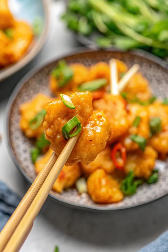 a piece of Boom Boom Shrimp being held with chopsticks