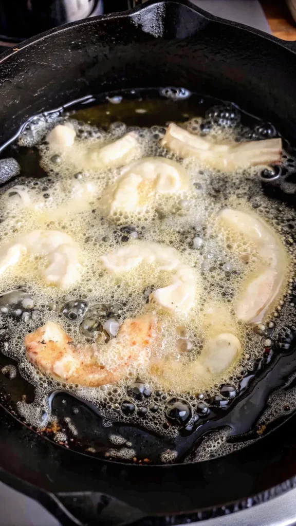 Shrimp frying in hot oil