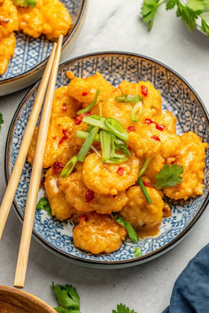 Close-up of Boom Boom Shrimp with creamy, spicy orange sauce