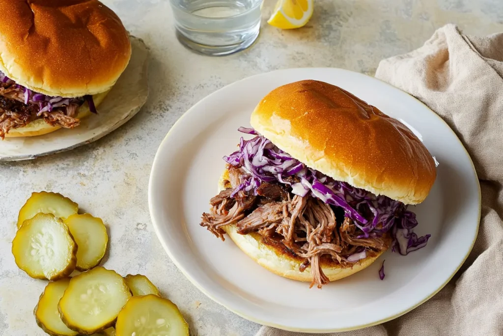 A pulled brisket sandwich topped with purple coleslaw, served with pickle slices on the side.
