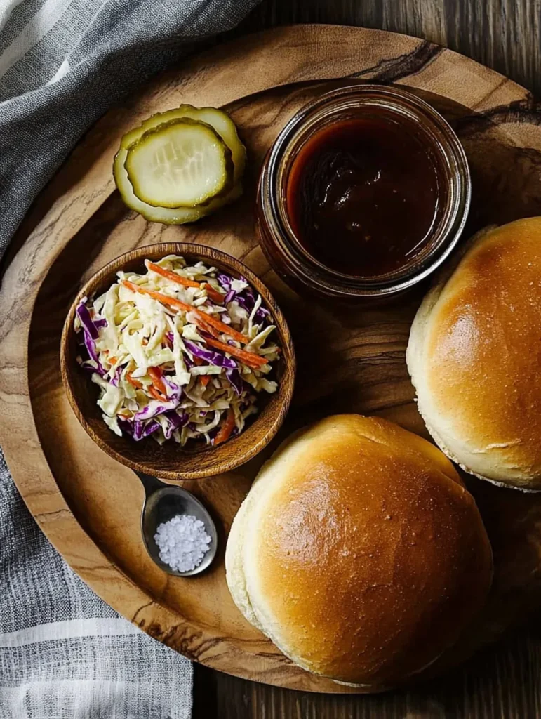 Brisket sandwich ingredients: coleslaw, pickles, barbecue sauce, sandwich buns, and salt.
