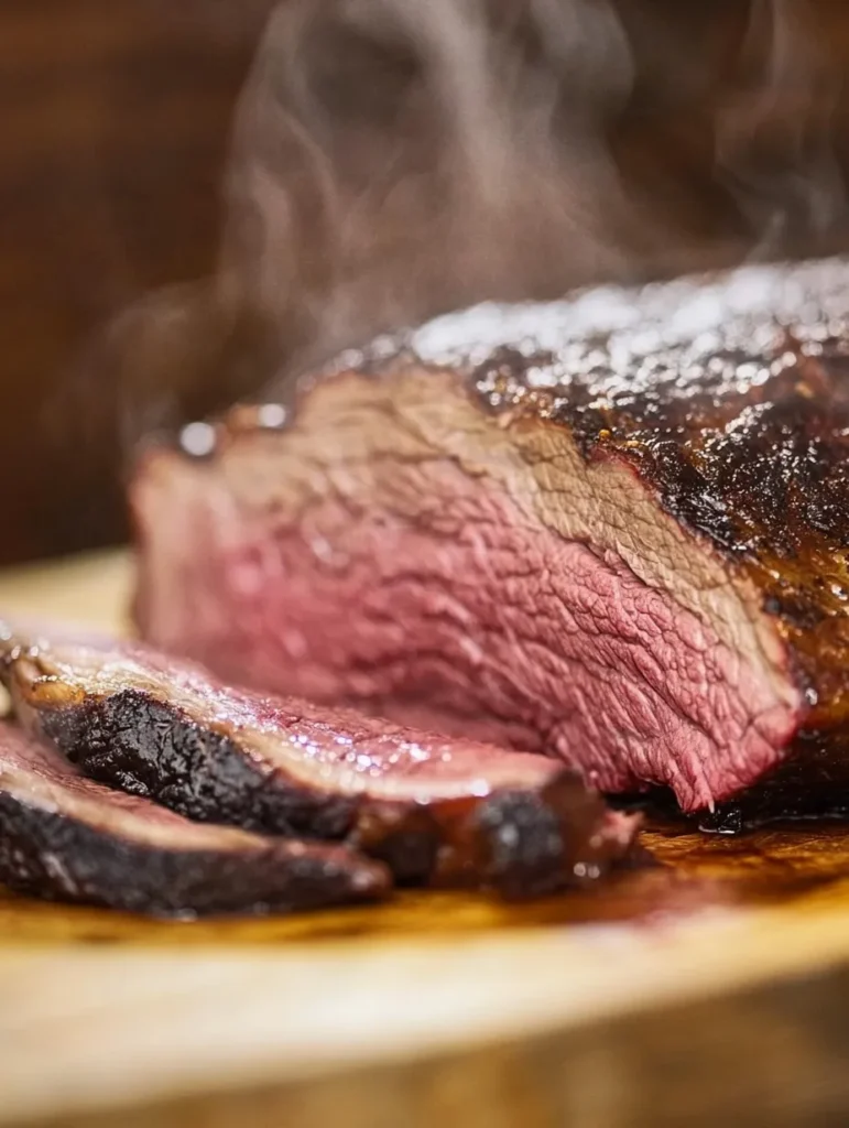 A close-up of freshly sliced brisket with a tender pink interior and a crispy, caramelized crust.