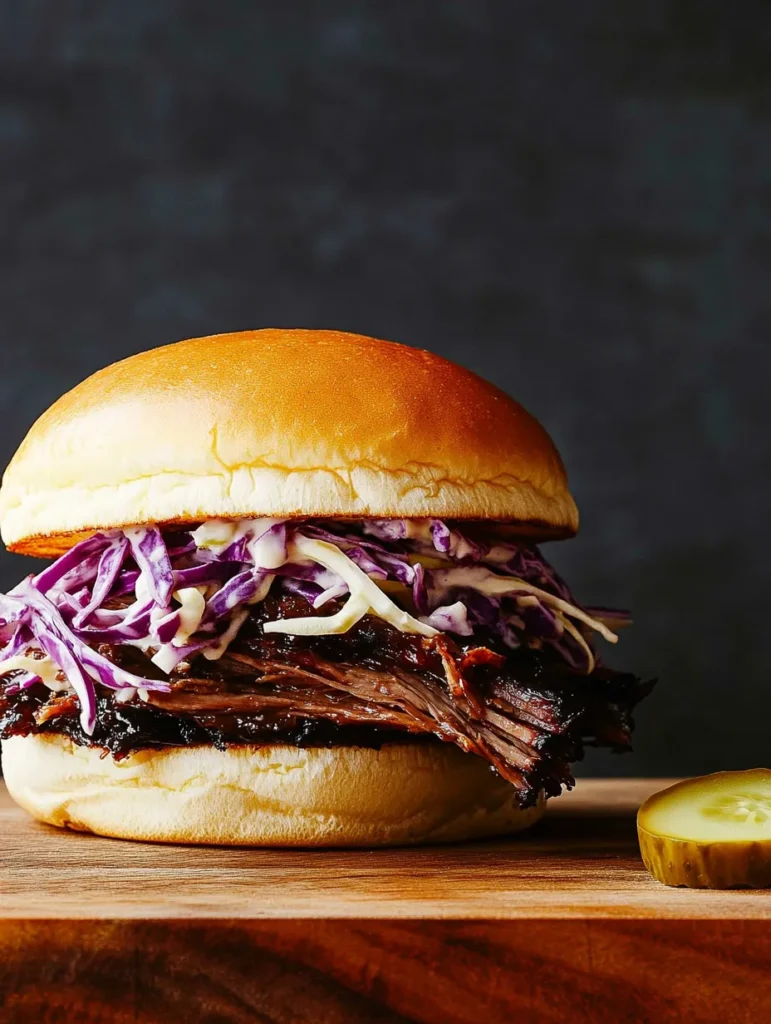 A brisket sandwich with tender brisket, topped with purple slaw, served with a pickle slice on the side.