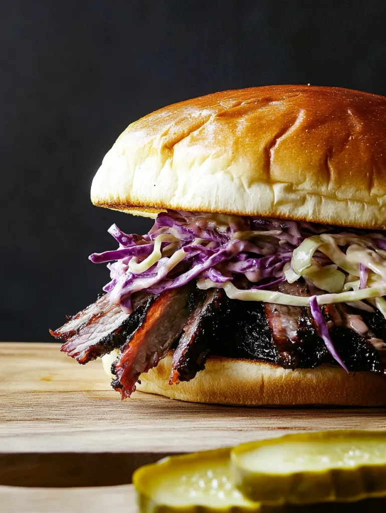 A close-up of a brisket sandwich with tender brisket, coleslaw, and a soft bun.