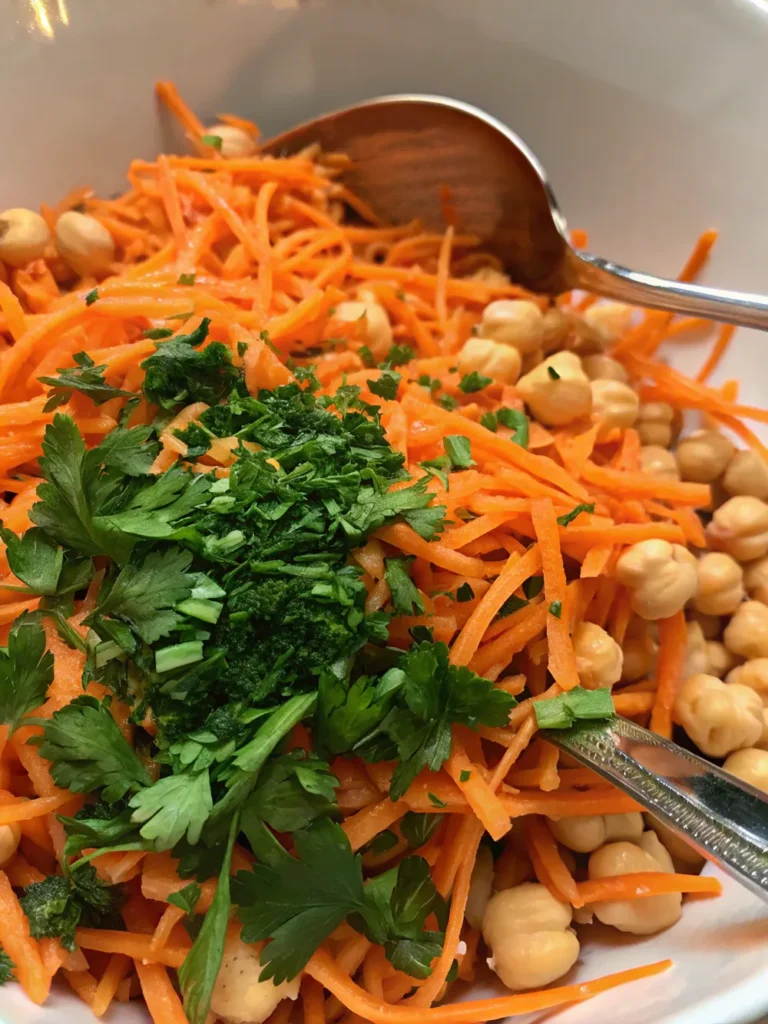 Shredded carrots, chickpeas, and chopped parsley in a bowl with a fork.