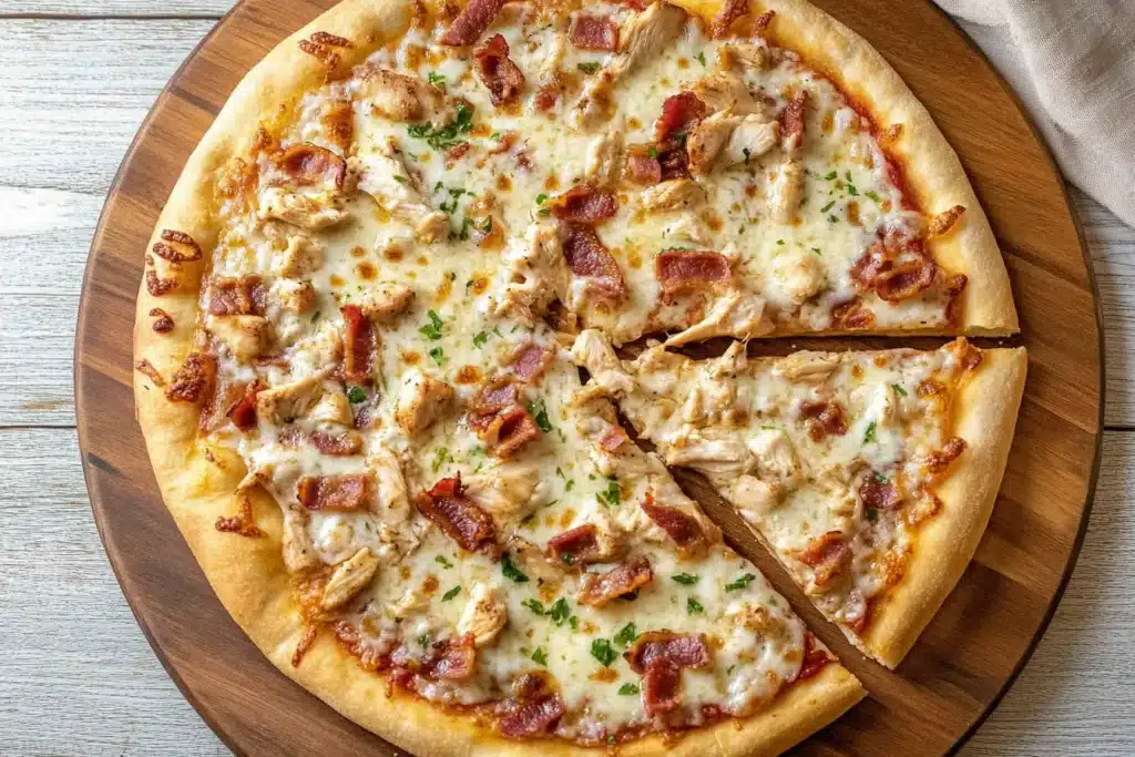 Chicken Bacon Ranch Pizza on a wooden board.