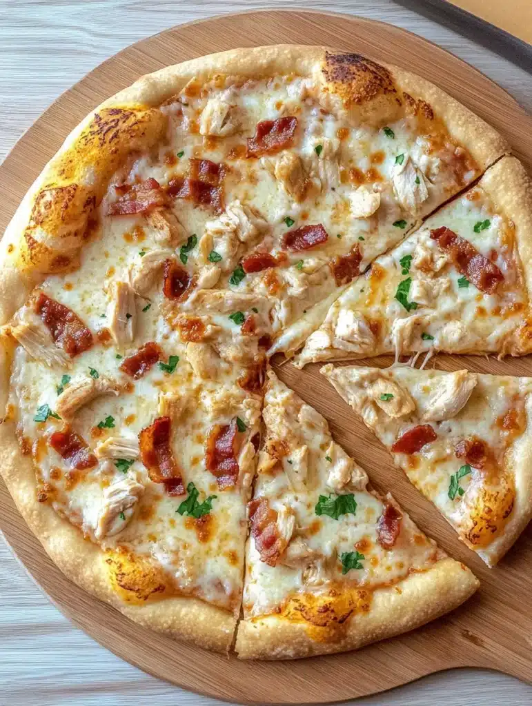 Chicken Bacon Ranch Pizza with a slice cut out.