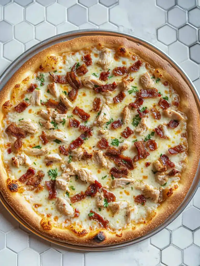 Chicken Bacon Ranch Pizza with bacon, chicken, and cheese.