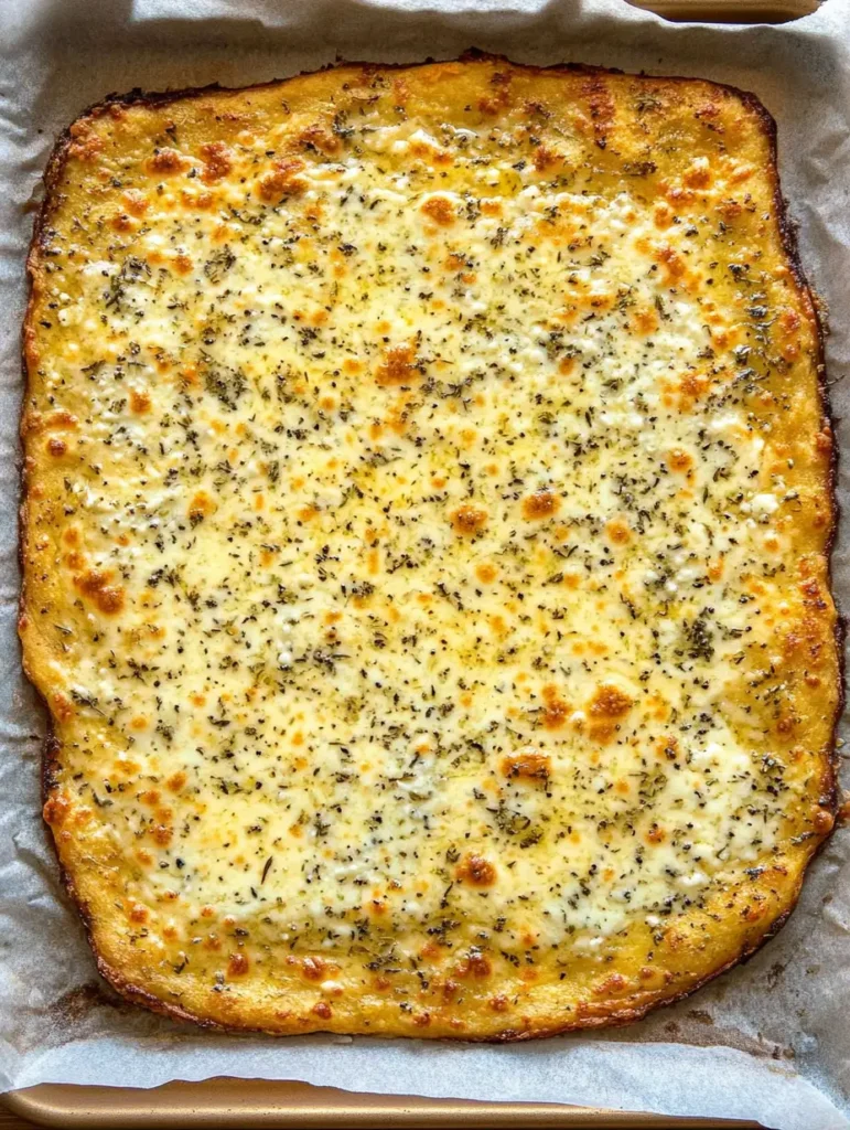 Baked cottage cheese flatbread with a golden, crispy edge and sprinkled herbs on top.