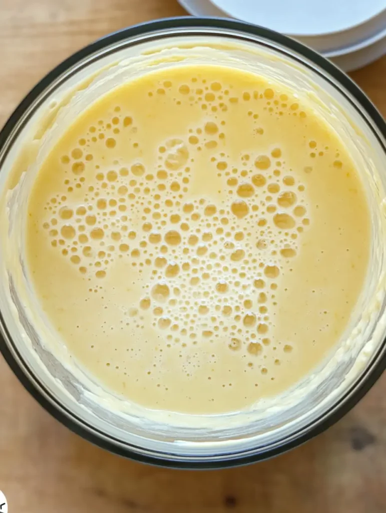 A close-up view of a frothy and smooth cottage cheese mixture