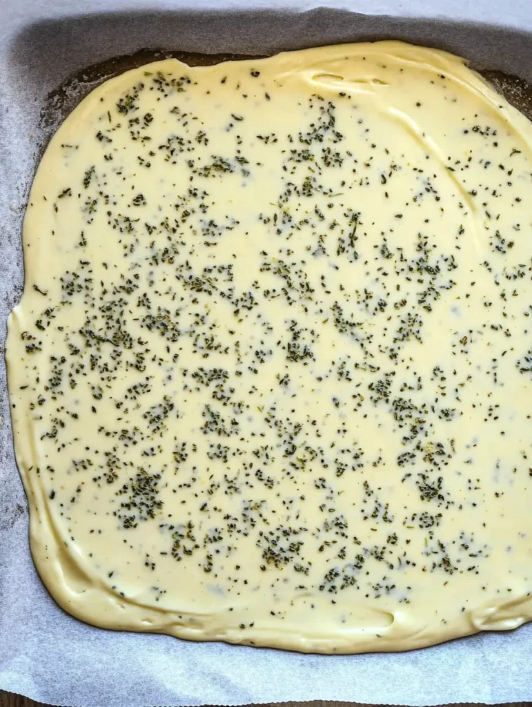 A thin layer of cottage cheese mixture spread evenly on parchment paper, topped with dried herbs before baking.