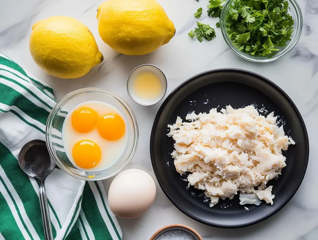 Ingredients for crab brulee including lemons, eggs, cilantro, and shredded crab meat.