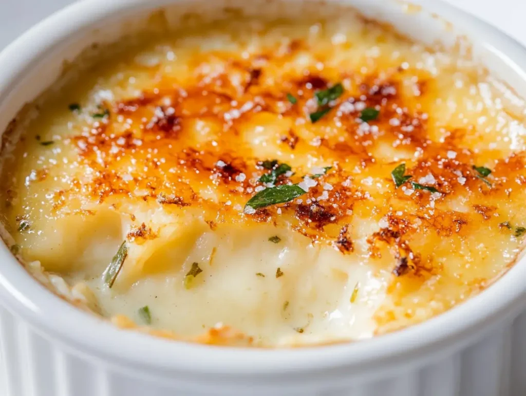 Close-up of a perfectly caramelized crab brulee topped with herbs and salt.
