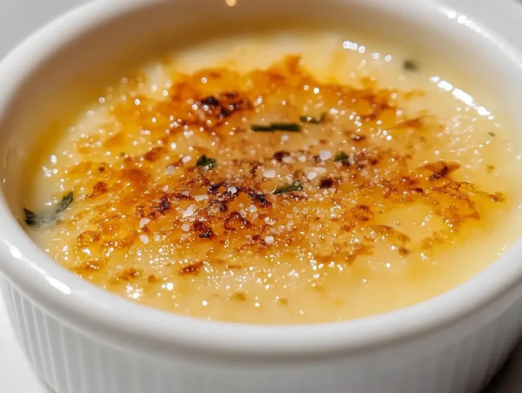 crab brulee recipe with a caramelized top and a sprinkle of salt.