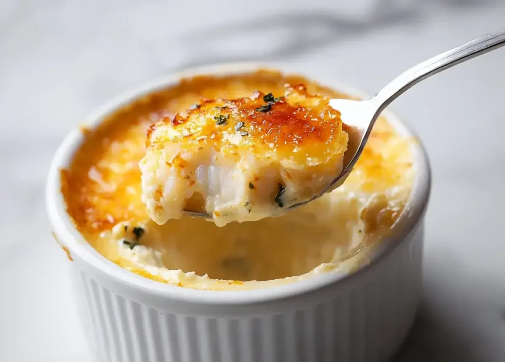 Spoonful of crab brulee with a caramelized top being lifted from a ramekin.