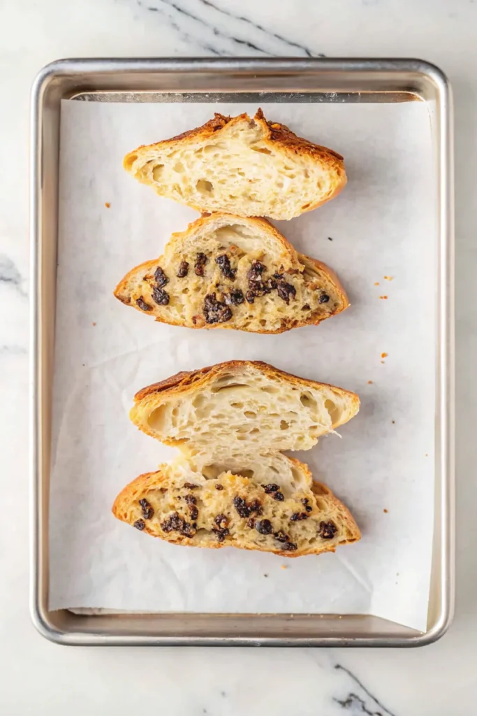 Croissant cut open to reveal cookie dough and chocolate chips inside.