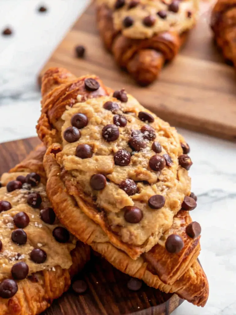 Croissant topped with cookie dough and chocolate chips.
