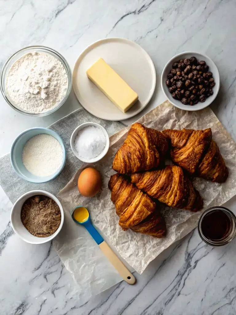 Croissants and ingredients for baking on a counter.