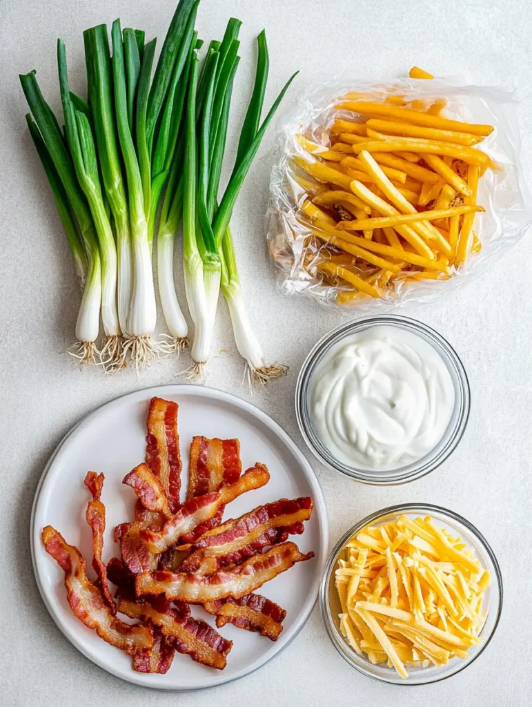 ngredients for loaded fries: green onions, raw fries, crispy bacon, shredded cheddar cheese, and a bowl of sour cream.