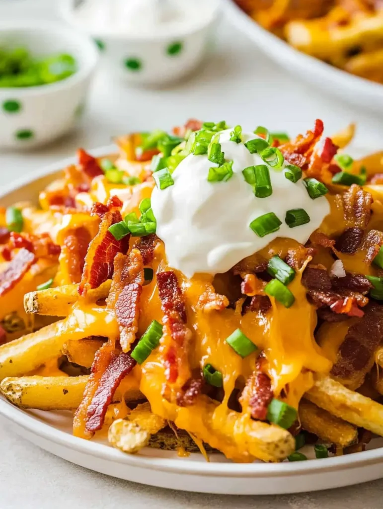 A plate of loaded fries topped with cheese, crispy bacon, green onions, and sour cream.