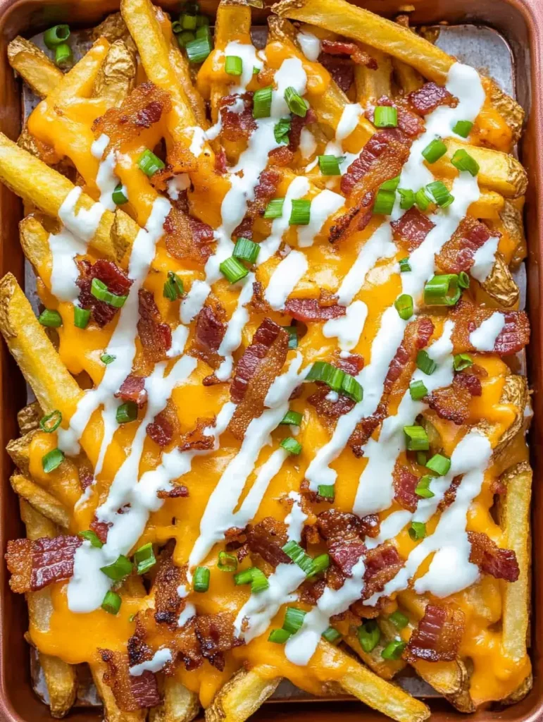 A tray of loaded fries topped with melted cheddar cheese, bacon, green onions, and sour cream.