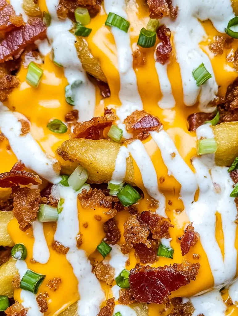 A close-up of loaded fries topped with melted cheddar cheese, bacon bits, green onions, and a drizzle of sour cream.