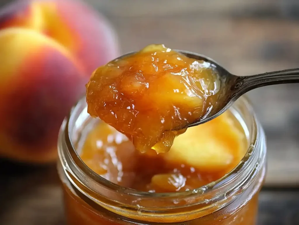 Spoonful of peach jelly being lifted from a jar with a peach in the background.