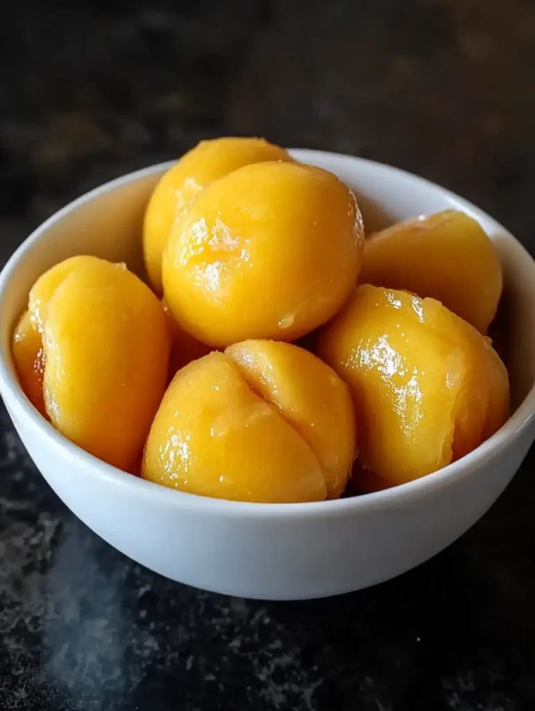 Bowl of preserved peaches in syrup.