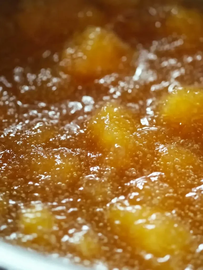 Close-up of peaches bubbling in syrup as it cooks.