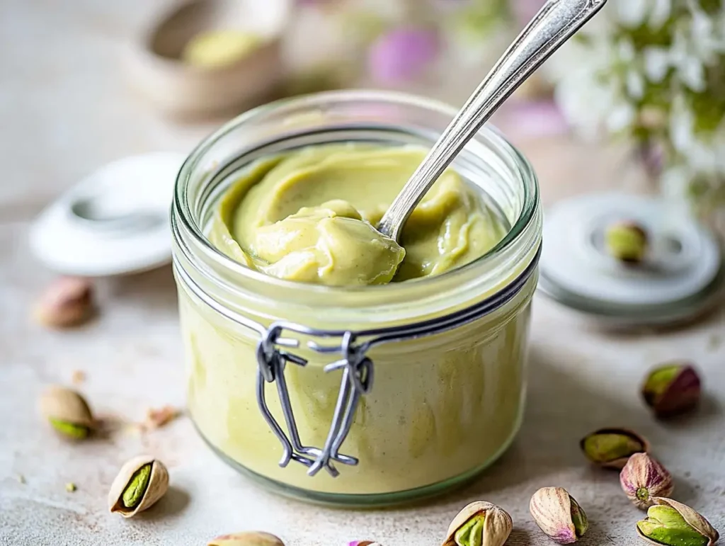 A spoonful of smooth pistachio cream being taken from a jar.