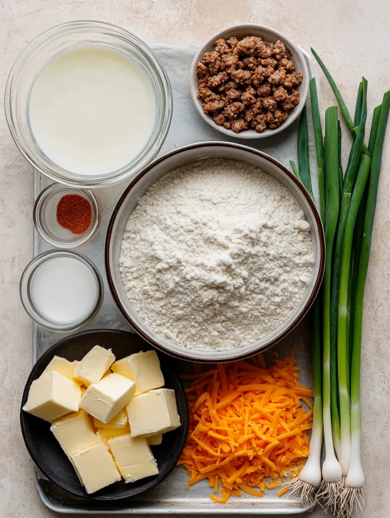 Ingredients: milk, sausage, flour, butter, cheese, green onions, and spices.