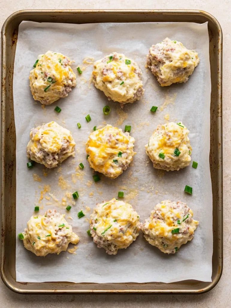 Unbaked sausage biscuits with cheese and green onions on a baking sheet.