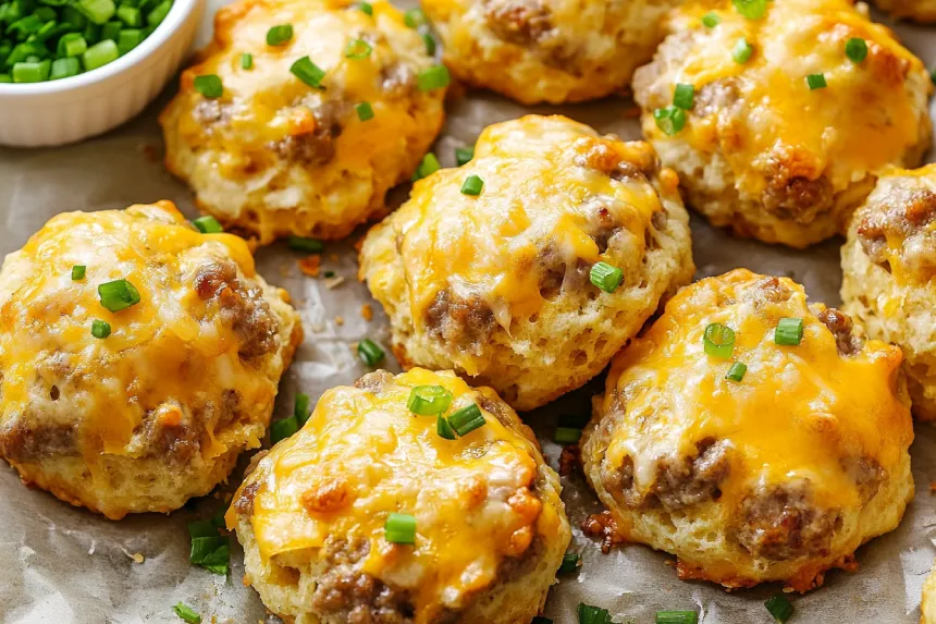 Sausage biscuits with melted cheese and green onions.