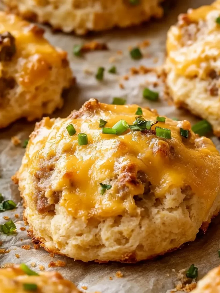 Cheesy sausage biscuit topped with green onions