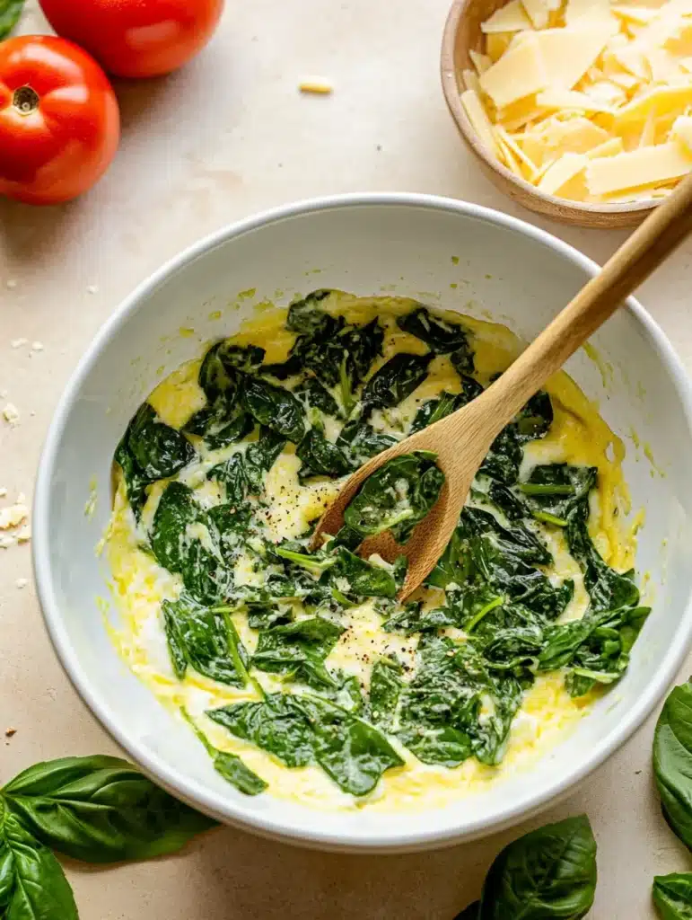 Spinach mixed with eggs and cheese in a bowl.