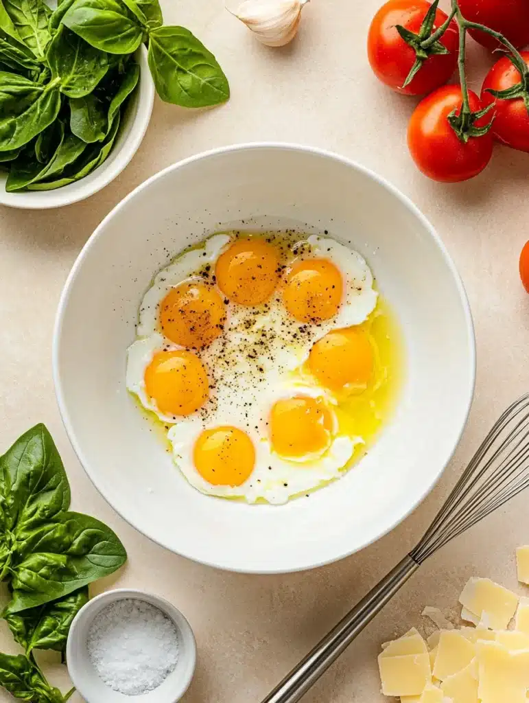 Eggs, spinach, tomatoes, garlic, and cheese for preparation.