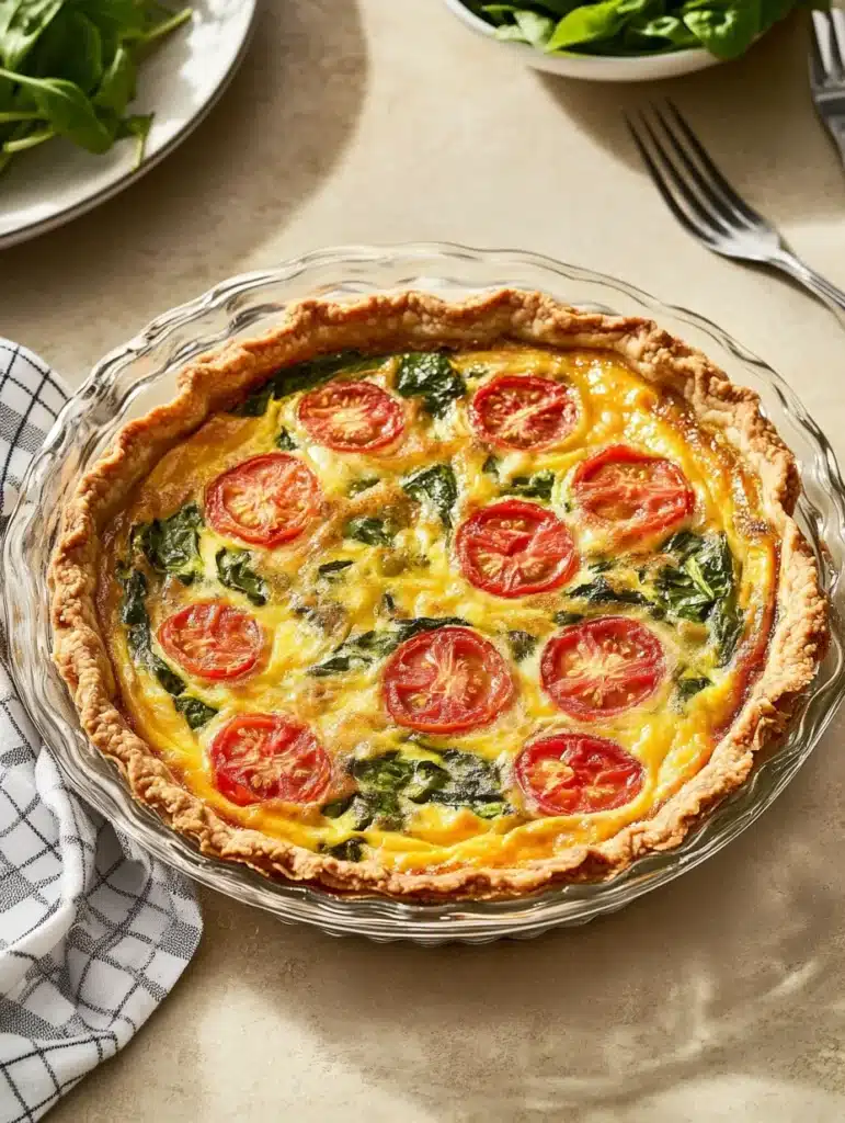 Baked quiche with spinach and tomato.