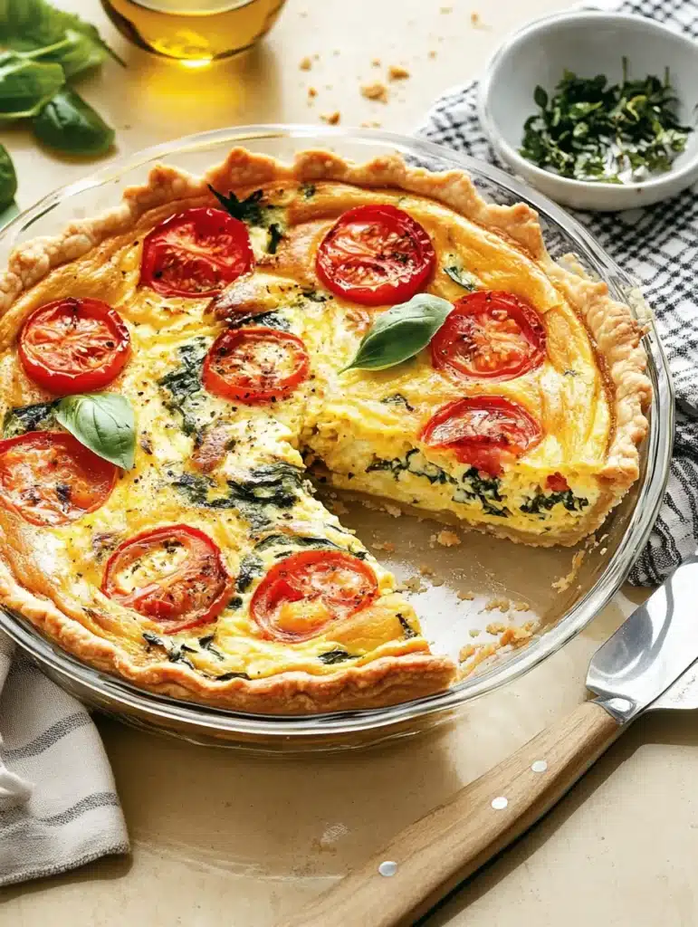 Baked quiche with tomato, spinach, and basil, with a slice removed.