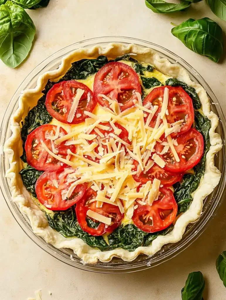 Unbaked quiche with spinach, tomato slices, and shredded cheese.