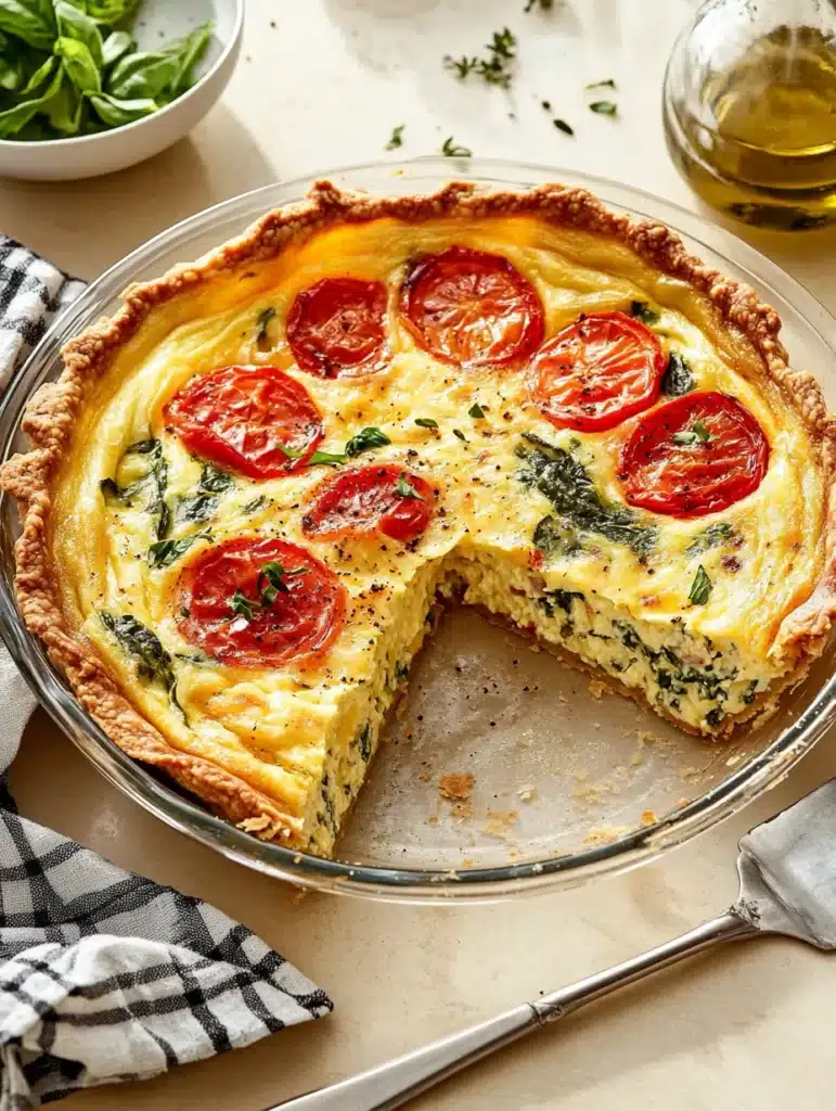 Baked quiche with spinach, tomato, and a slice removed.