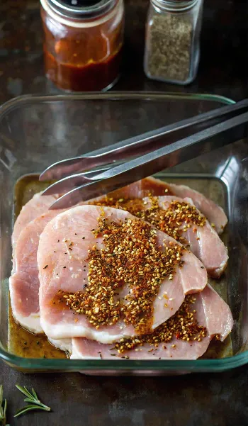 Marinated turkey chops in a glass dish with tongs.