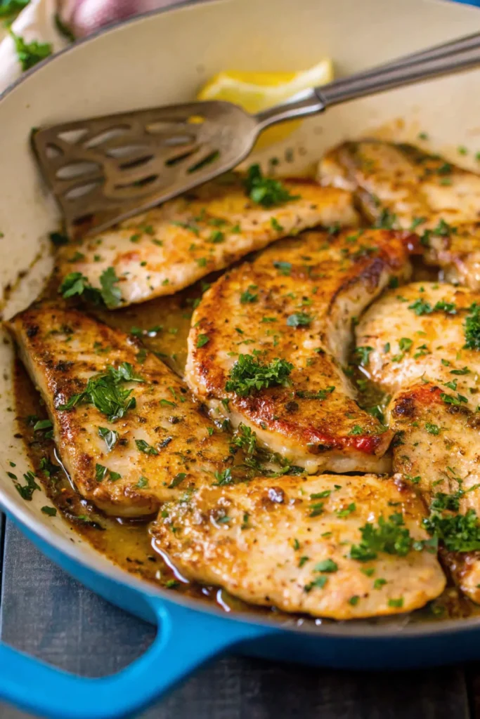 Turkey chops simmering in a pan sauce with herbs.