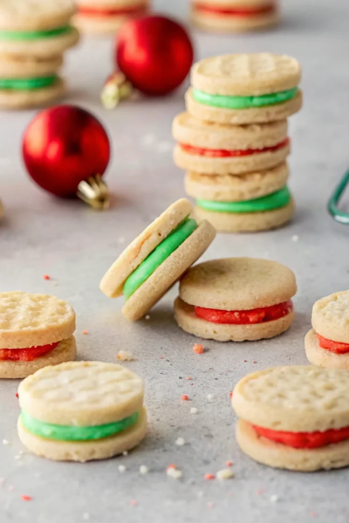 Wafer cookies filled with red and green cream, arranged with Christmas decorations.
